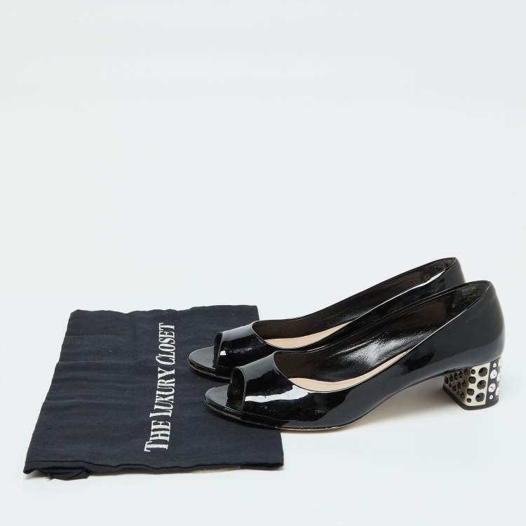 Pre Owned Miu Miu Black Patent Leather Crystal Embellished Block Heel Peep Toe Pumps Size 40.5