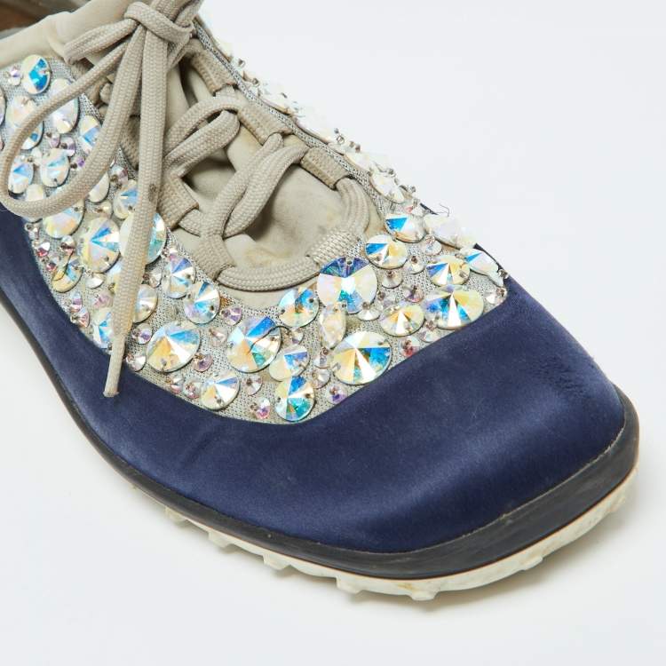 Pre Owned Miu Miu Grey/Blue Satin and Neoprene Astro Crystal Embellished Low Top Sneakers Size 40