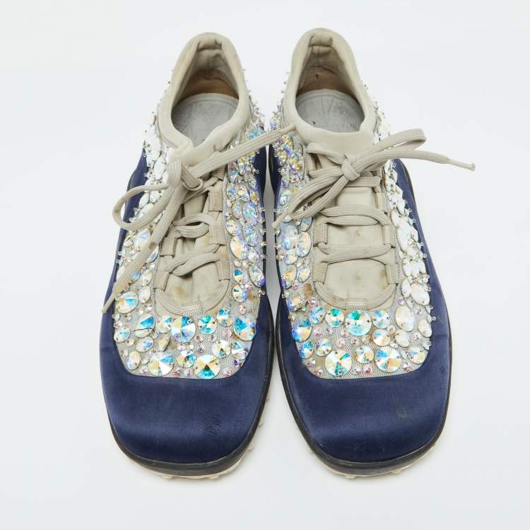 Pre Owned Miu Miu Grey/Blue Satin and Neoprene Astro Crystal Embellished Low Top Sneakers Size 40