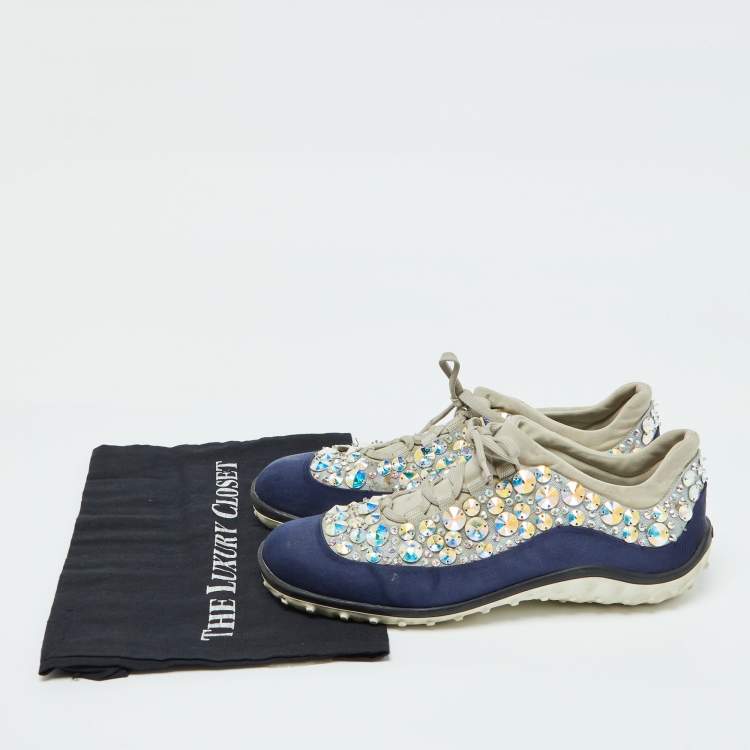 Pre Owned Miu Miu Grey/Blue Satin and Neoprene Astro Crystal Embellished Low Top Sneakers Size 40