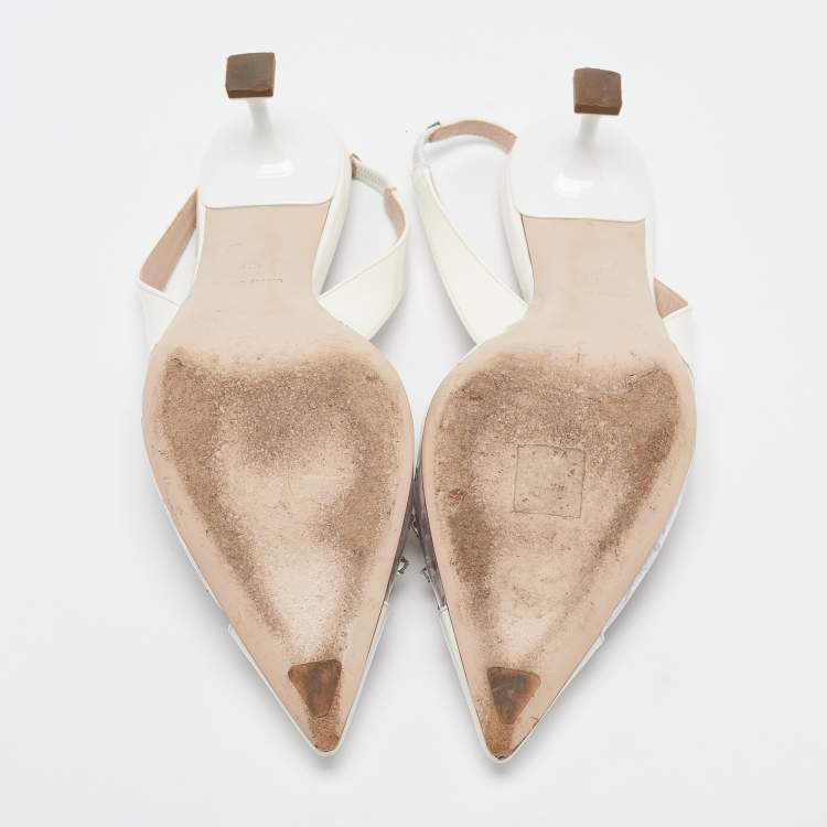 Pre Owned Miu Miu White/Transparent  Patent Leather and PVC Crystal Embellished Pumps Size 39.5