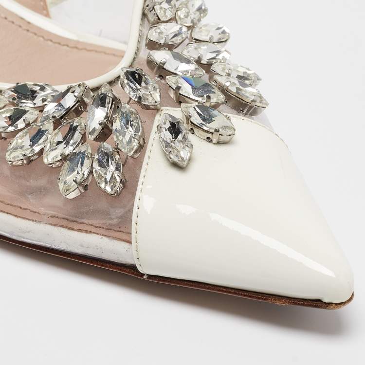 Pre Owned Miu Miu White/Transparent  Patent Leather and PVC Crystal Embellished Pumps Size 39.5