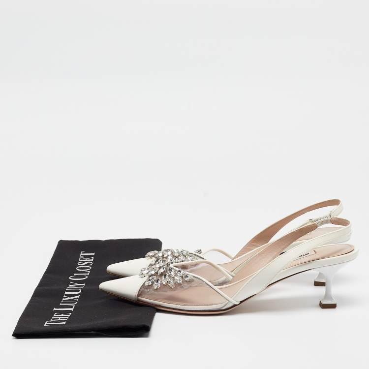 Pre Owned Miu Miu White/Transparent  Patent Leather and PVC Crystal Embellished Pumps Size 39.5