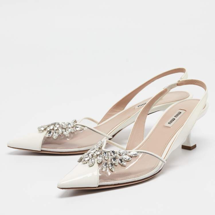 Pre Owned Miu Miu White/Transparent  Patent Leather and PVC Crystal Embellished Pumps Size 39.5