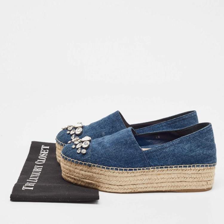 Pre Owned Miu Miu Blue Denim Crystal Embellished Platform Espadrilles Size 40