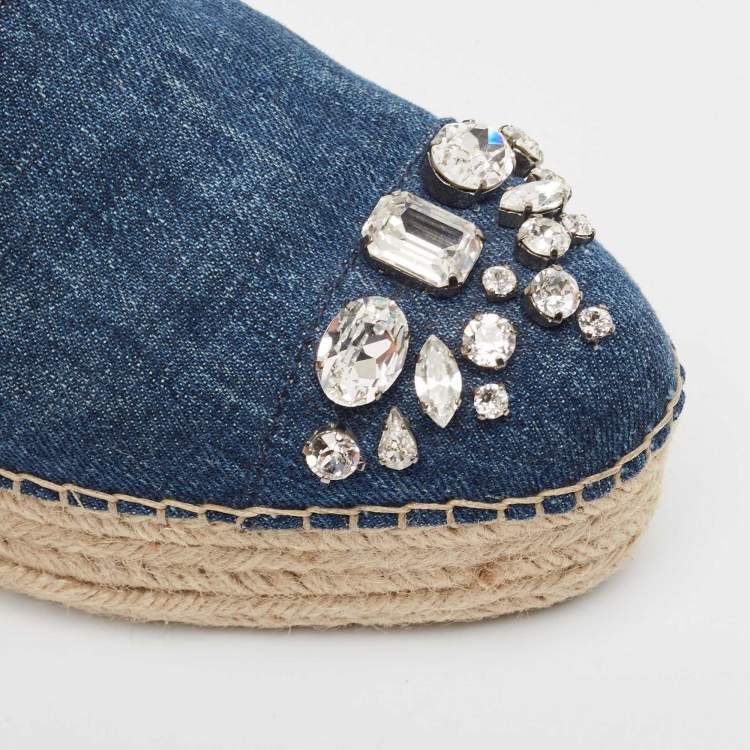 Pre Owned Miu Miu Blue Denim Crystal Embellished Platform Espadrilles Size 40
