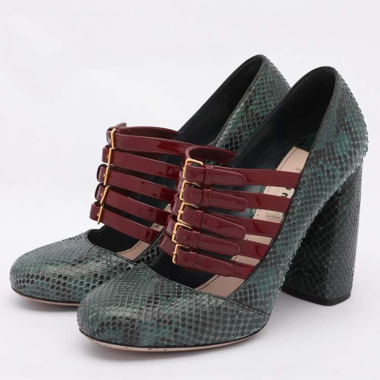 Pre Owned Miu Miu Green/Red Python and Patent Leather Mary Jane Pumps Size 39.5