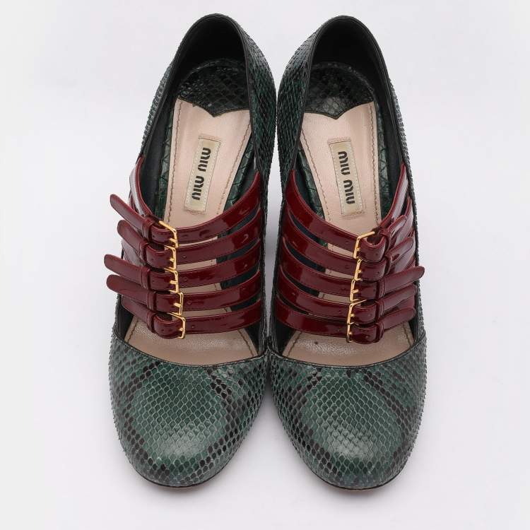 Pre Owned Miu Miu Green/Red Python and Patent Leather Mary Jane Pumps Size 39.5
