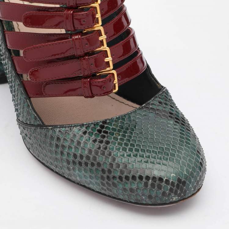 Pre Owned Miu Miu Green/Red Python and Patent Leather Mary Jane Pumps Size 39.5
