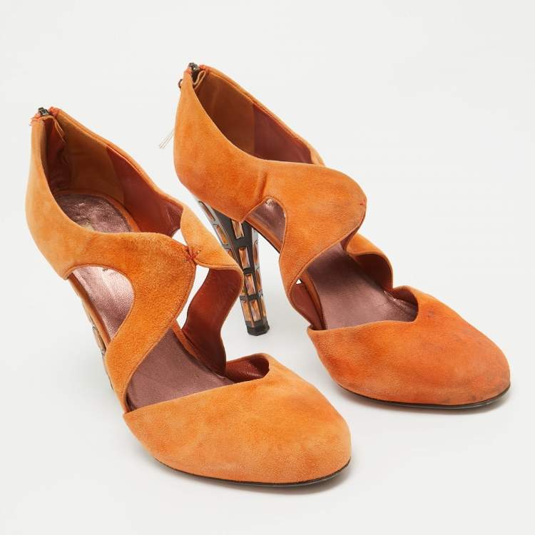 Pre Owned Miu Miu Orange Suede Crystal Embellished Cut Out Pumps Size 40