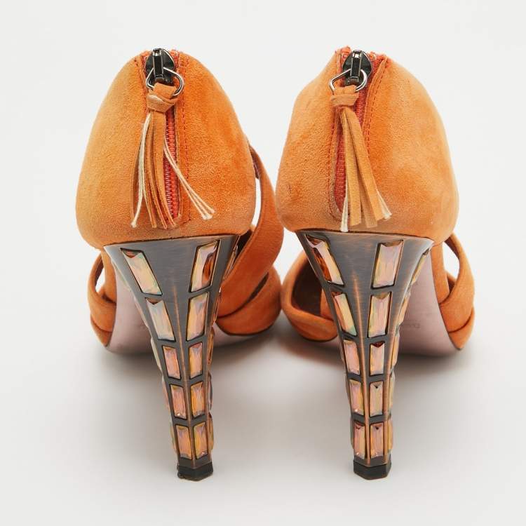 Pre Owned Miu Miu Orange Suede Crystal Embellished Cut Out Pumps Size 40