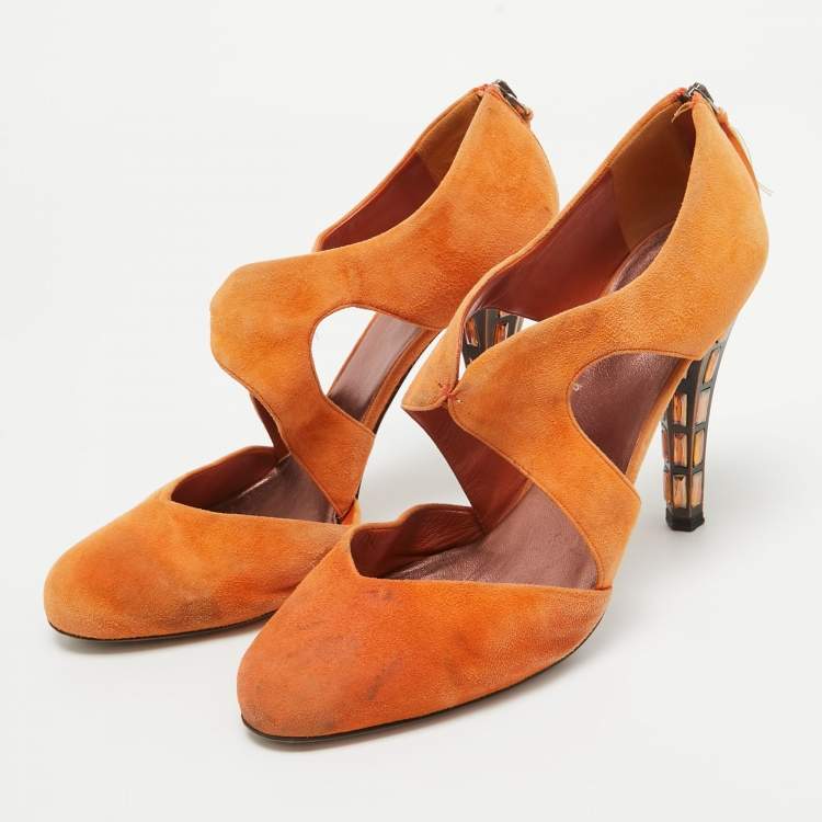 Pre Owned Miu Miu Orange Suede Crystal Embellished Cut Out Pumps Size 40