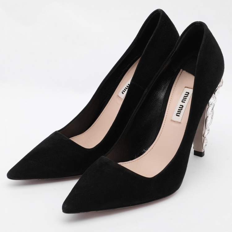 Pre Owned Miu Miu Black Suede Embellished Heel Pointed Toe Pumps Size 36.5