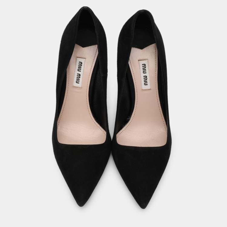 Pre Owned Miu Miu Black Suede Embellished Heel Pointed Toe Pumps Size 36.5