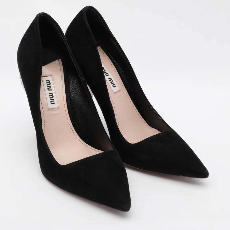 Pre Owned Miu Miu Black Suede Embellished Heel Pointed Toe Pumps Size 36.5