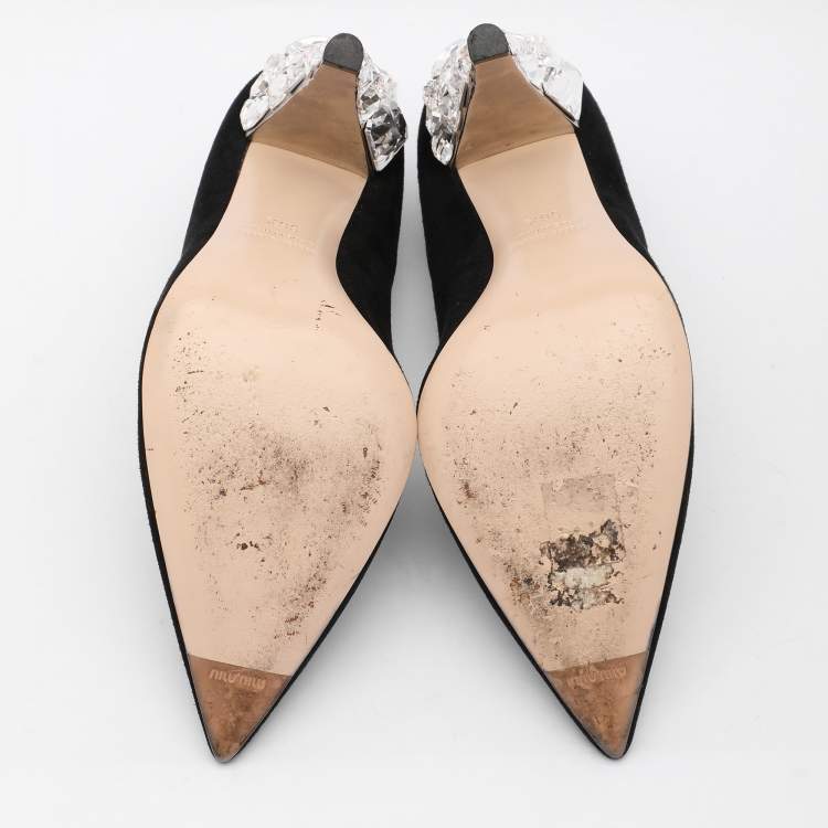 Pre Owned Miu Miu Black Suede Embellished Heel Pointed Toe Pumps Size 36.5