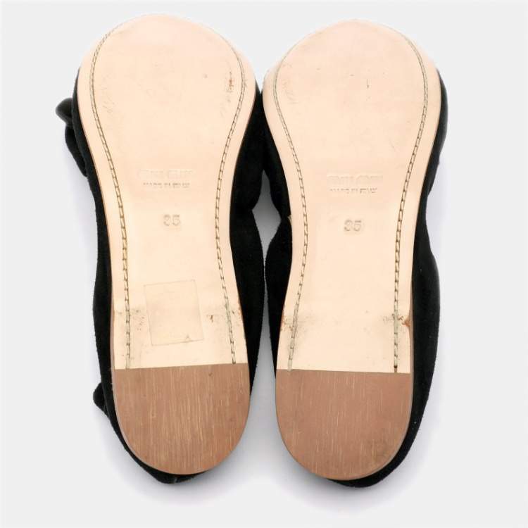 Pre Owned Miu Miu Black Suede Embellished Cap Toe Scrunch Ballet Flats Size 35