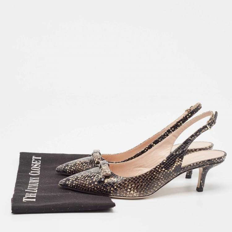 Pre Owned Miu Miu Black/Beige Embossed Snakeskin Bow Slingback Pumps Size 38.5