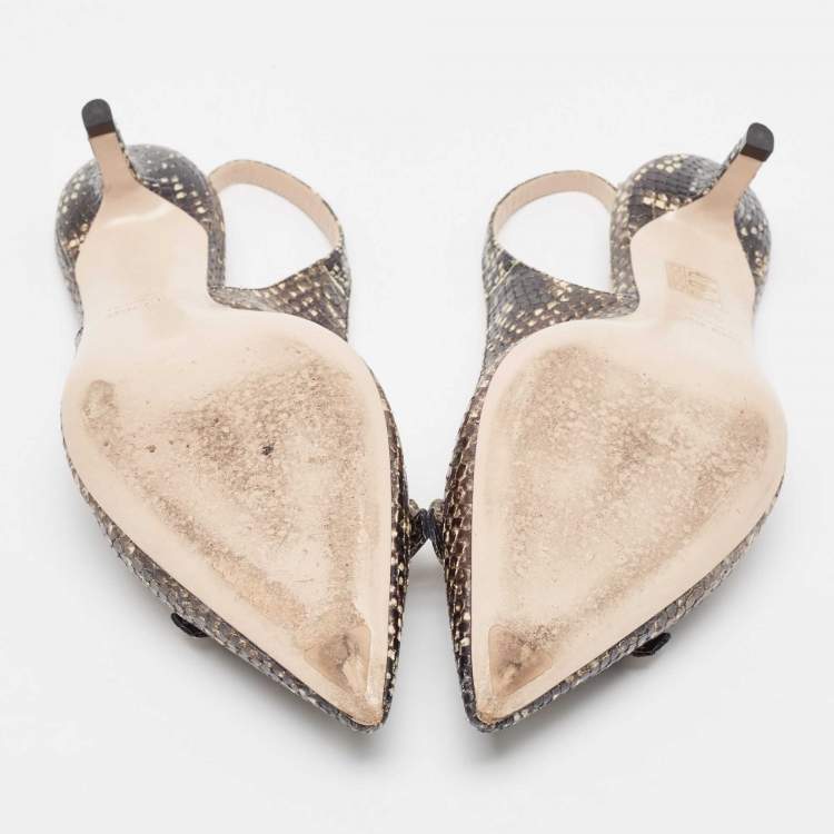 Pre Owned Miu Miu Black/Beige Embossed Snakeskin Bow Slingback Pumps Size 38.5