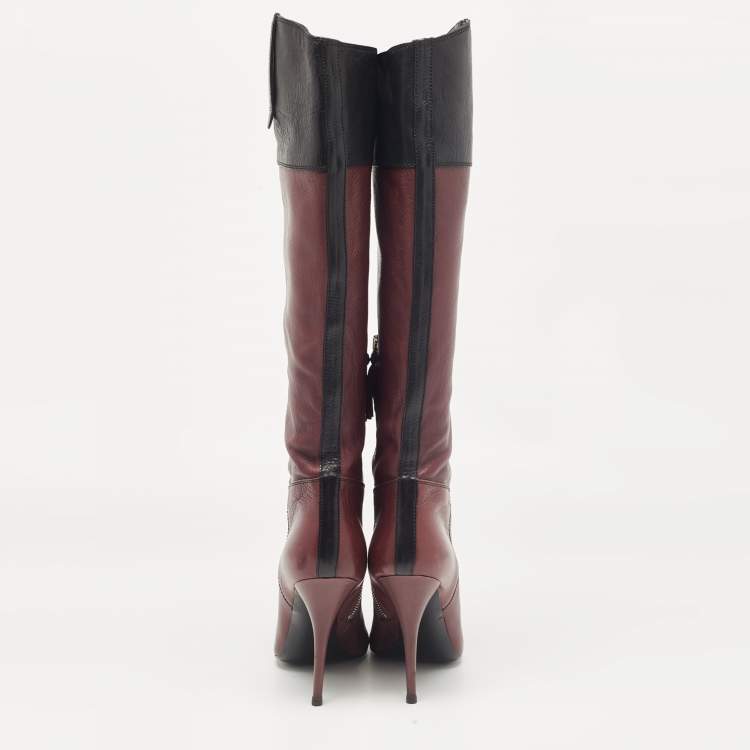 Pre Owned Miu Miu Burgundy/Black Leather Knee Length Boots Size 39.5