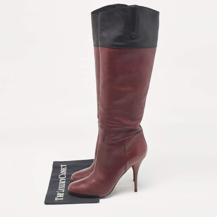 Pre Owned Miu Miu Burgundy/Black Leather Knee Length Boots Size 39.5