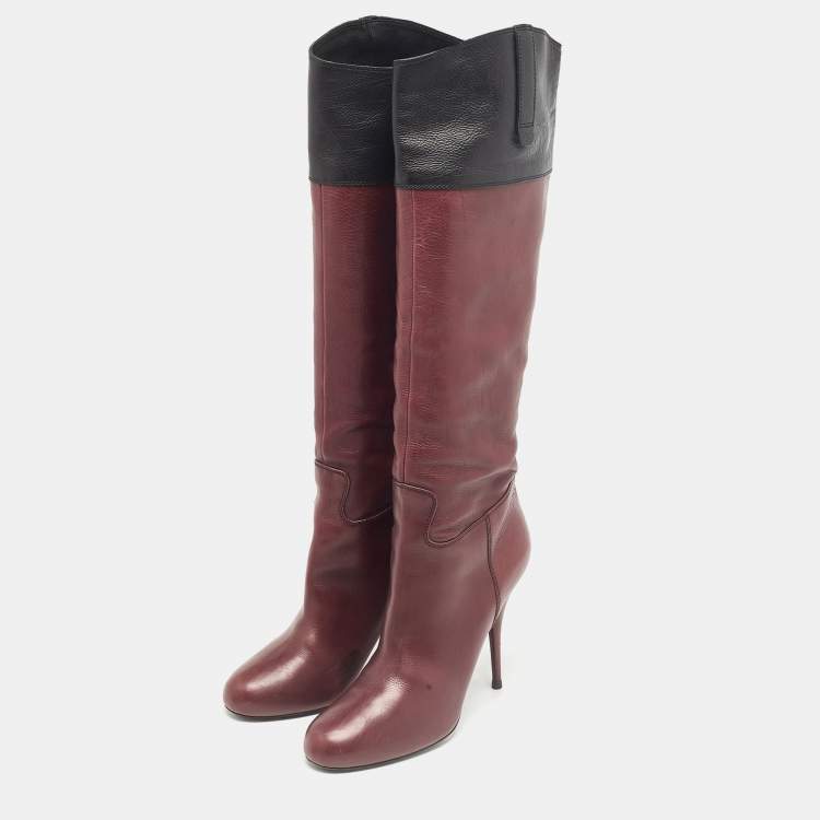 Pre Owned Miu Miu Burgundy/Black Leather Knee Length Boots Size 39.5