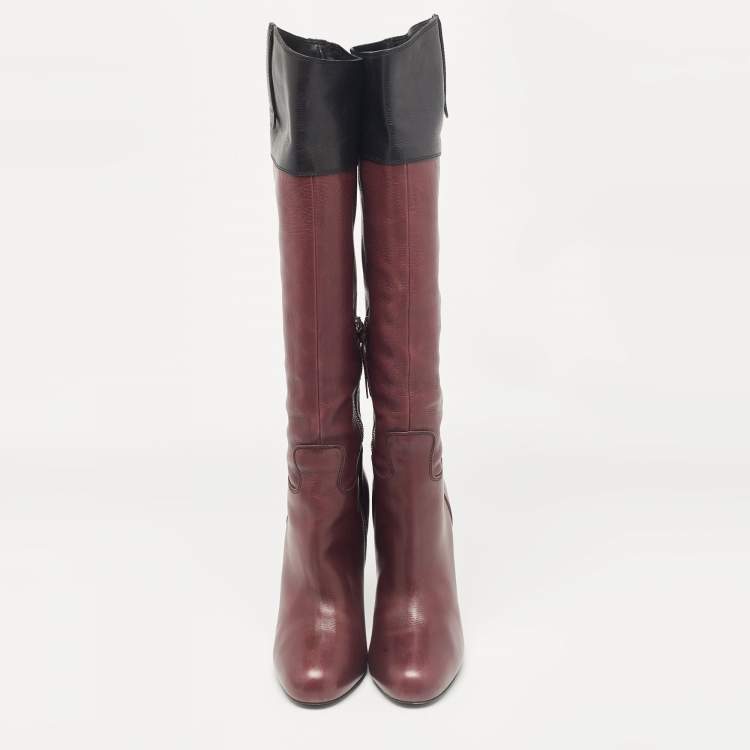 Pre Owned Miu Miu Burgundy/Black Leather Knee Length Boots Size 39.5