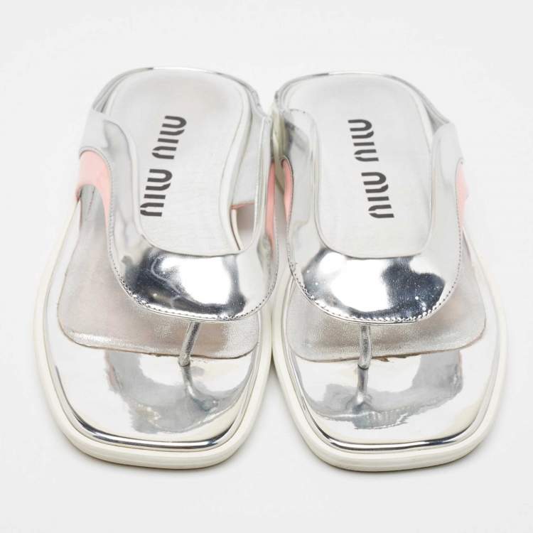 Pre Owned Miu Miu Silver/Pink Leather and Patent Thong Flats Size 36