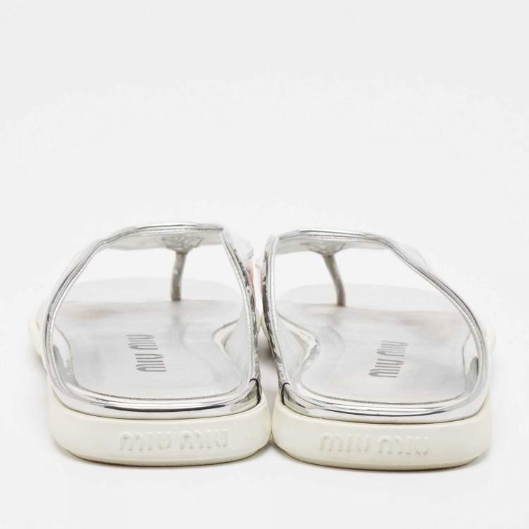 Pre Owned Miu Miu Silver/Pink Leather and Patent Thong Flats Size 36