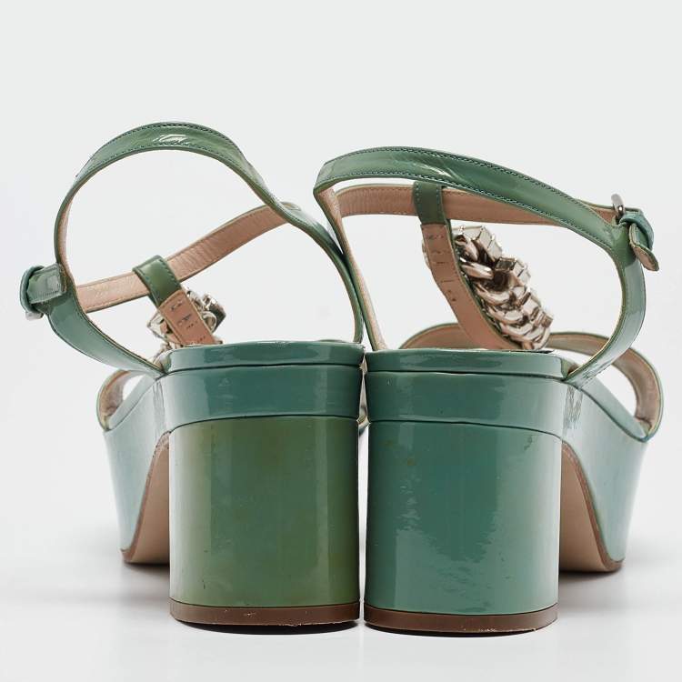 Pre Owned Miu Miu Green Patent Leather Crystal Embellished Platform Ankle Strap Sandals Size 41