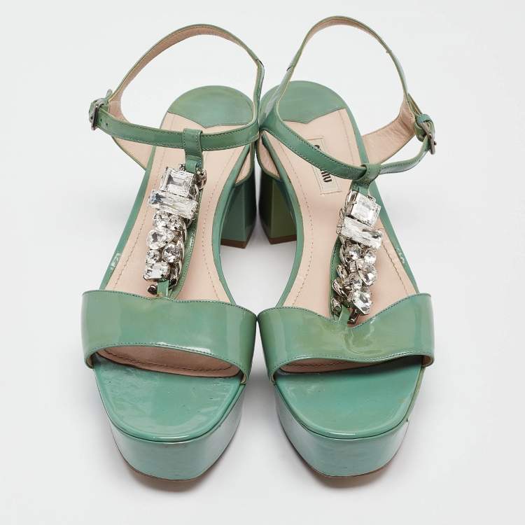 Pre Owned Miu Miu Green Patent Leather Crystal Embellished Platform Ankle Strap Sandals Size 41