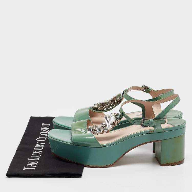 Pre Owned Miu Miu Green Patent Leather Crystal Embellished Platform Ankle Strap Sandals Size 41
