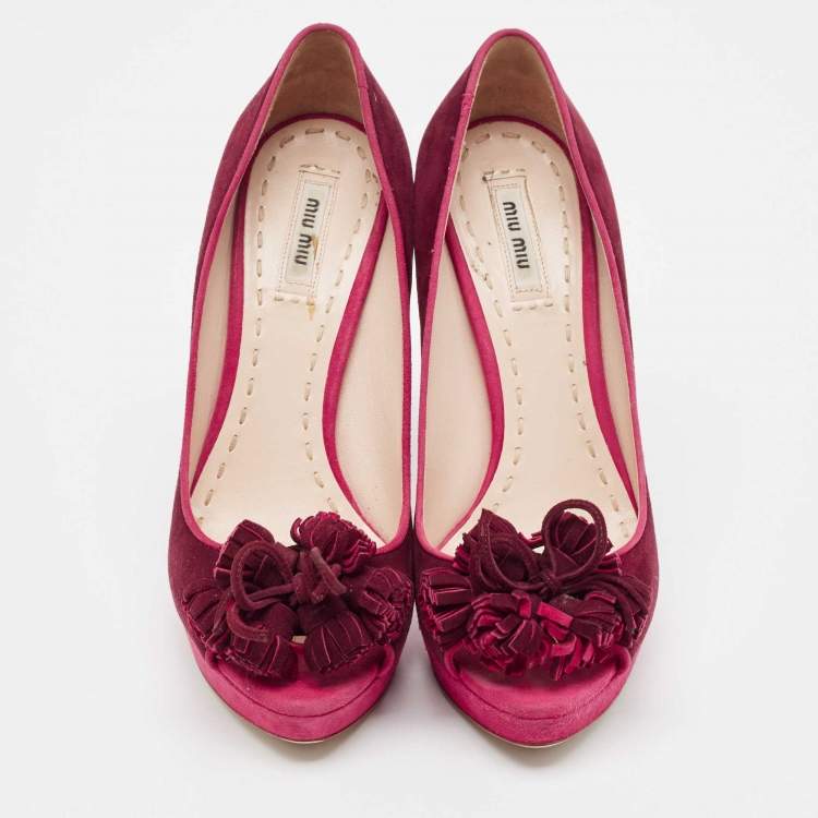 Pre Owned Miu Miu Plum/Pink Suede Tassel Detail Peep Toe Platform Pumps Size 40.5