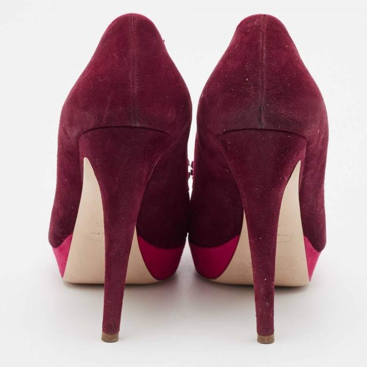 Pre Owned Miu Miu Plum/Pink Suede Tassel Detail Peep Toe Platform Pumps Size 40.5