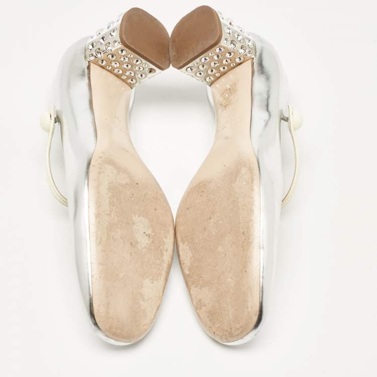 Pre Owned Miu Miu Silver Leather Mary Jane Pumps Size 37