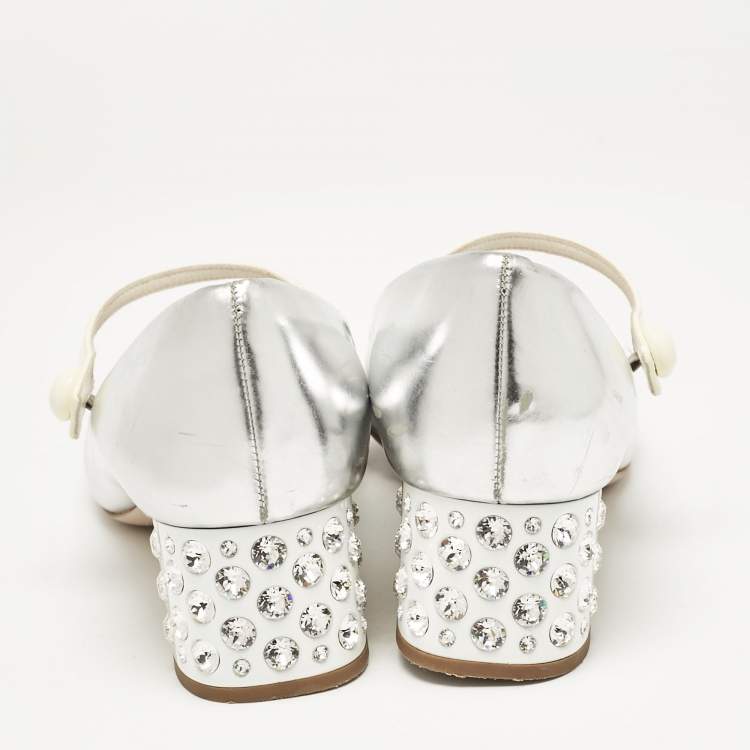 Pre Owned Miu Miu Silver Leather Mary Jane Pumps Size 37