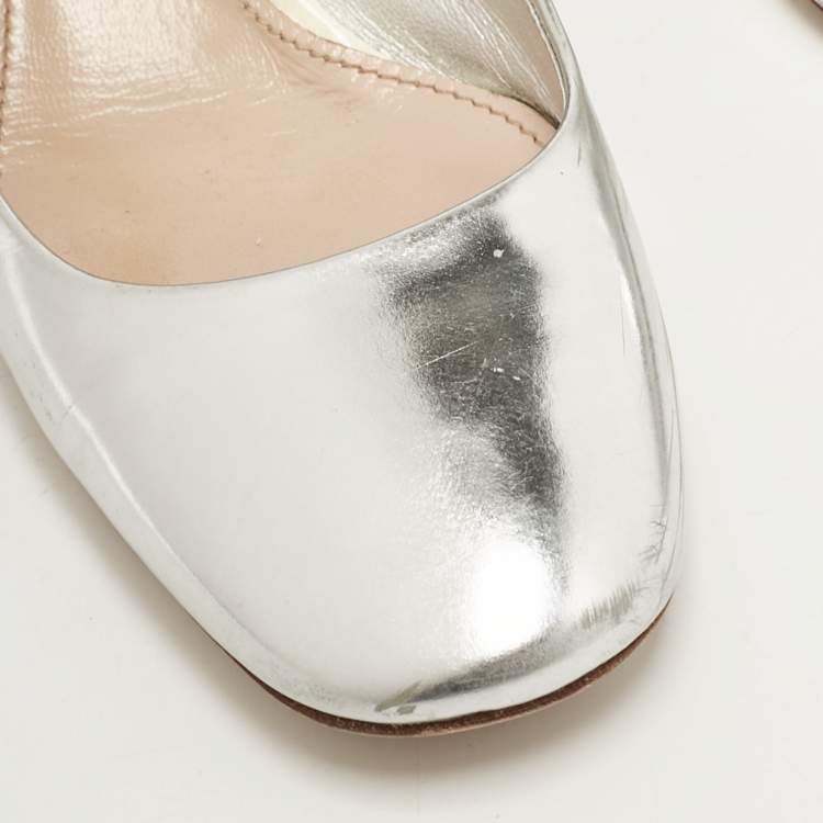 Pre Owned Miu Miu Silver Leather Mary Jane Pumps Size 37