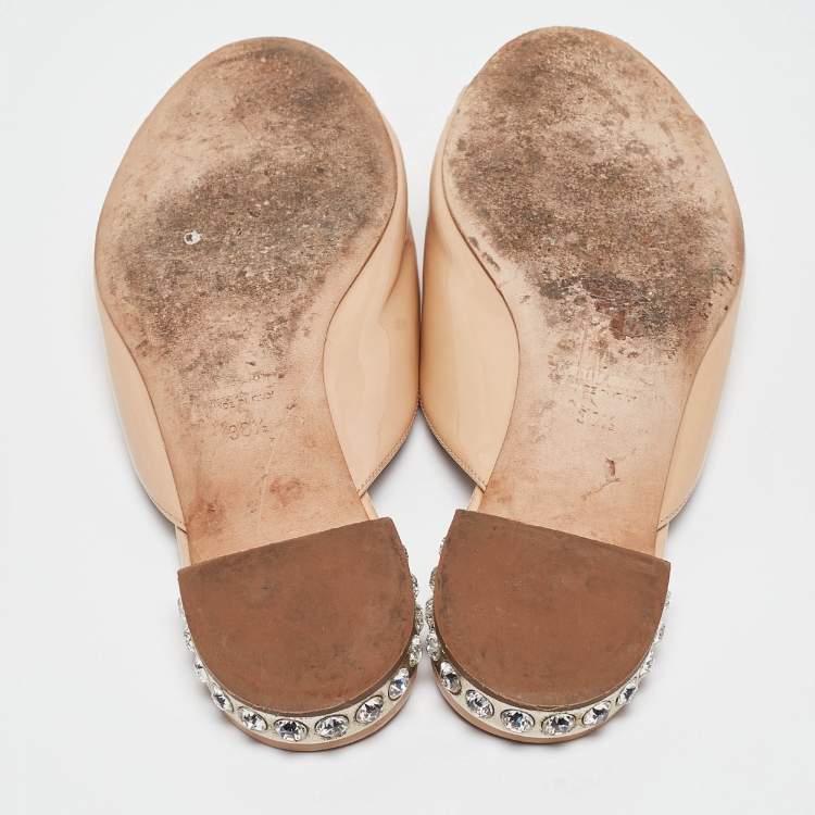 Pre Owned Miu Miu Beige Patent Leather Crystal Embellished Flat Slides Size 38.5