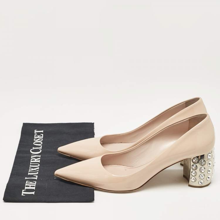 Pre Owned Miu Miu Pink Patent Leather Crystal Embellished Block Heel Pumps Size 41