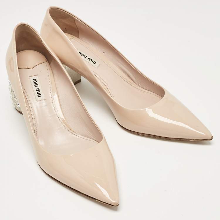 Pre Owned Miu Miu Pink Patent Leather Crystal Embellished Block Heel Pumps Size 41