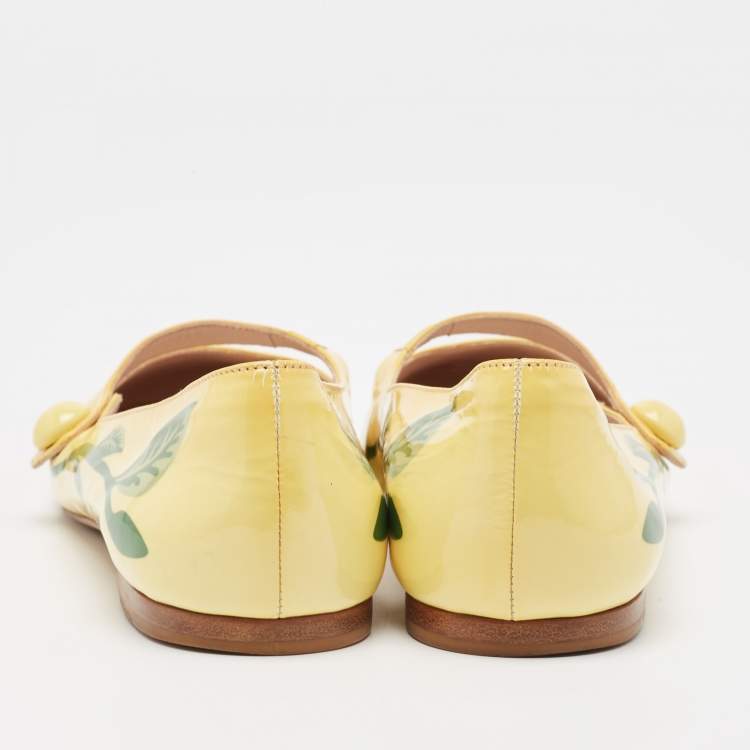 Pre Owned Miu Miu Yellow Patent Leather Cat Print Ballet Flats Size 37.5