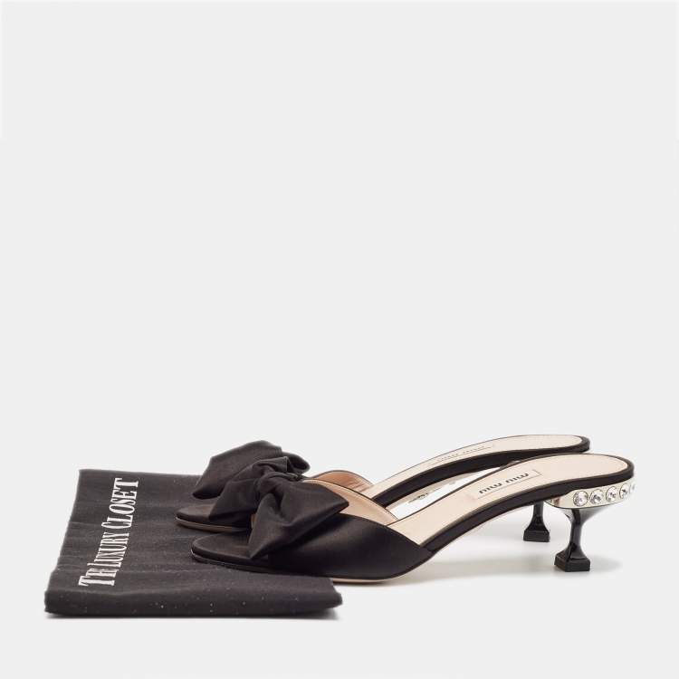 Pre Owned Miu Miu Black Satin Bow Crystal Embellished Slide Sandals Size 39