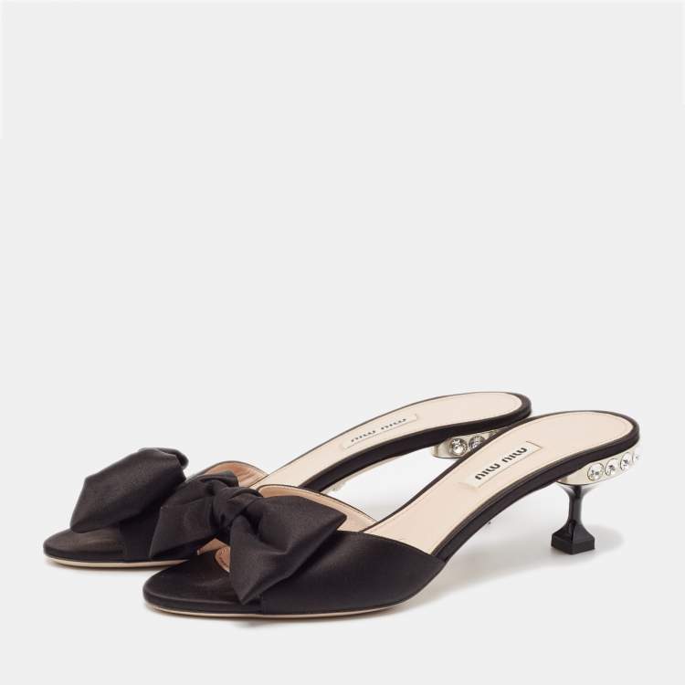 Pre Owned Miu Miu Black Satin Bow Crystal Embellished Slide Sandals Size 39