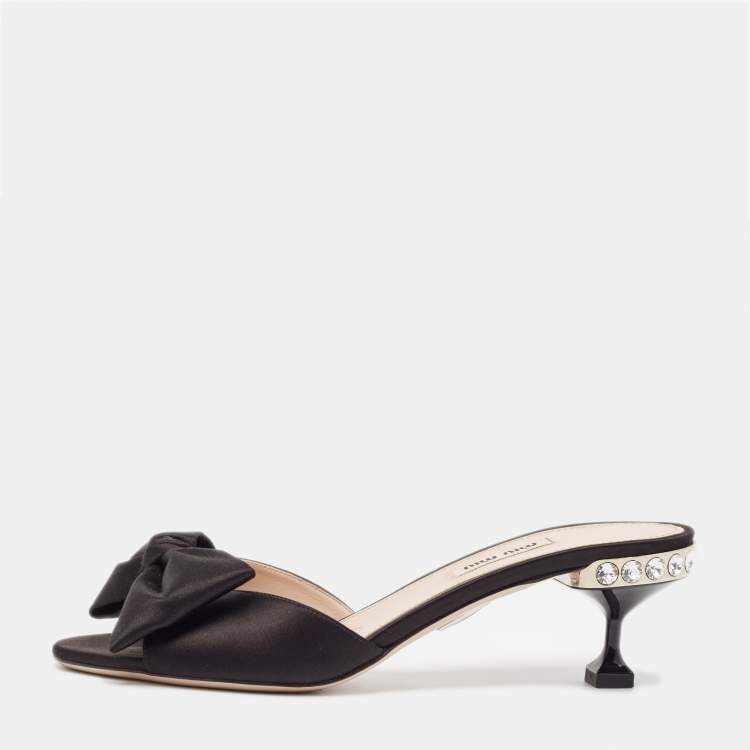 Pre Owned Miu Miu Black Satin Bow Crystal Embellished Slide Sandals Size 39