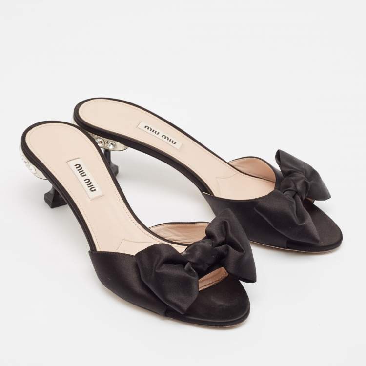Pre Owned Miu Miu Black Satin Bow Crystal Embellished Slide Sandals Size 39