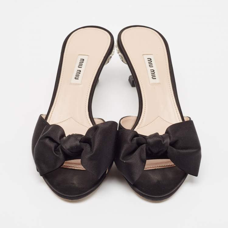 Pre Owned Miu Miu Black Satin Bow Crystal Embellished Slide Sandals Size 39