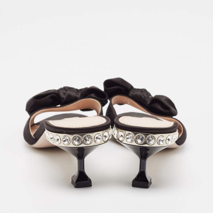Pre Owned Miu Miu Black Satin Bow Crystal Embellished Slide Sandals Size 39