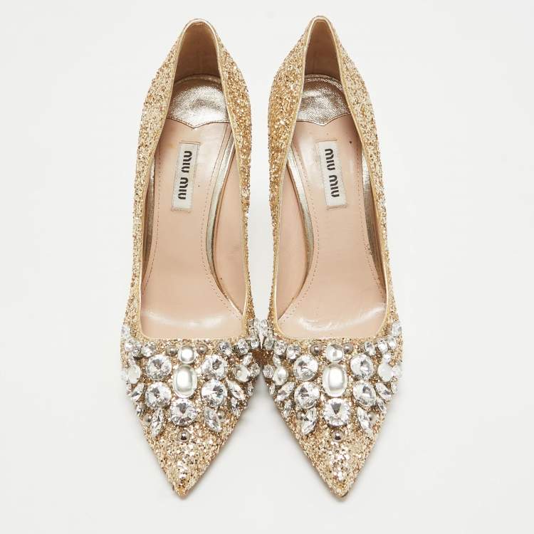 Pre Owned Miu Miu Gold Glitter Crystal Embellished Pointed Toe Pumps  Size 38