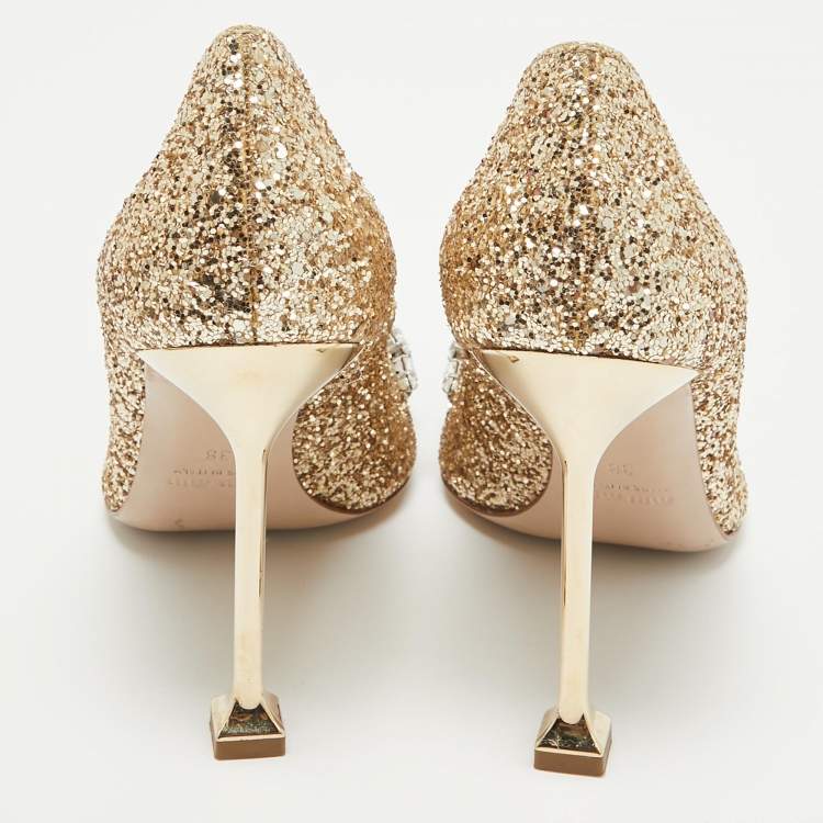 Pre Owned Miu Miu Gold Glitter Crystal Embellished Pointed Toe Pumps  Size 38