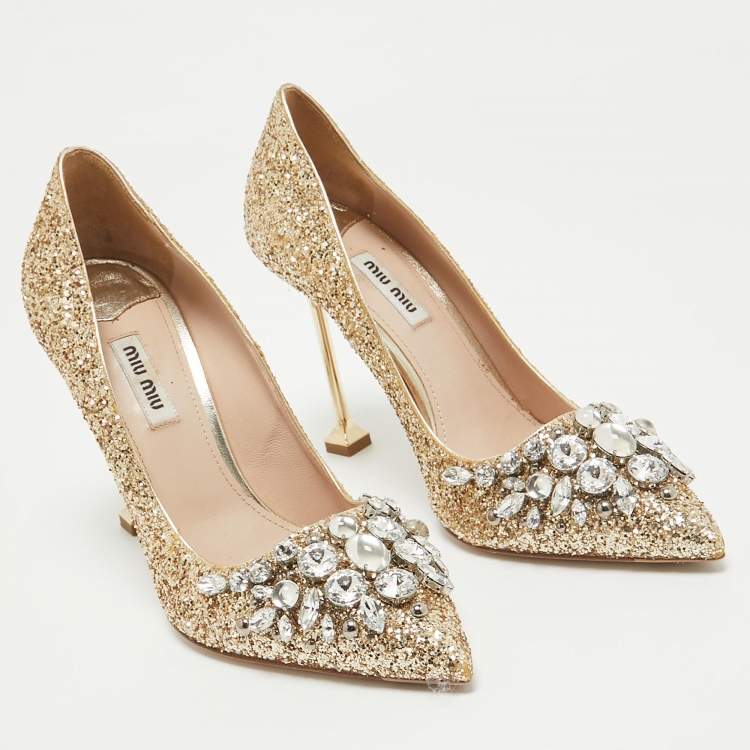 Pre Owned Miu Miu Gold Glitter Crystal Embellished Pointed Toe Pumps  Size 38